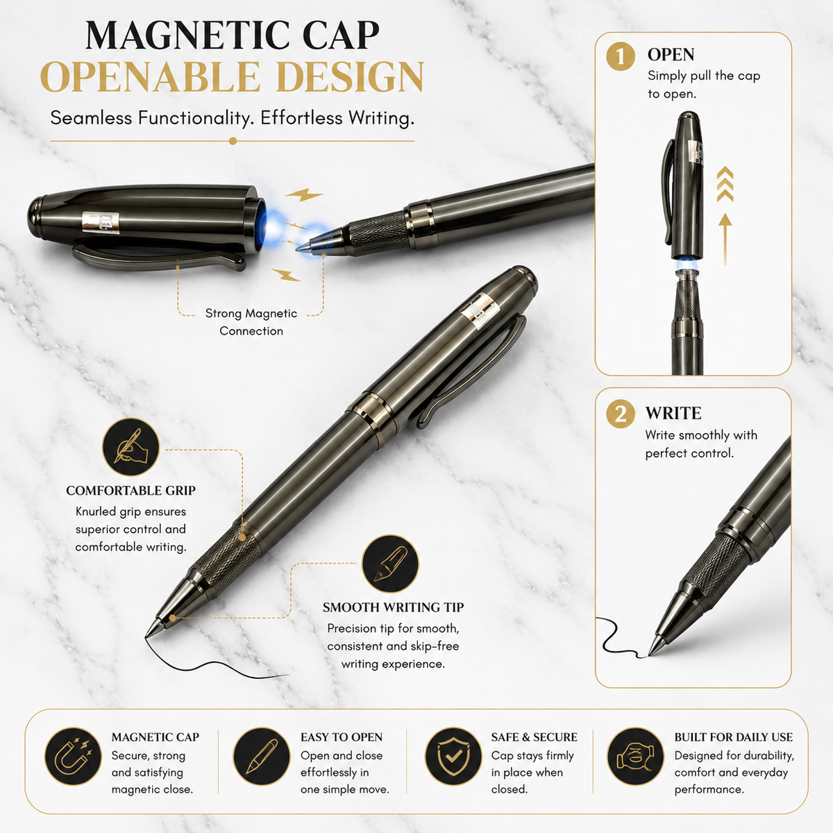 Ballpen Bazaar Ballpen Bazaar Metallic Glossy Gunmetal Ball Pen with Gunmetal Magnetic Cap | Openable Executive Metal Pen | Blue Ink | 1 Free Refill | 1 Pc with Name Engraving