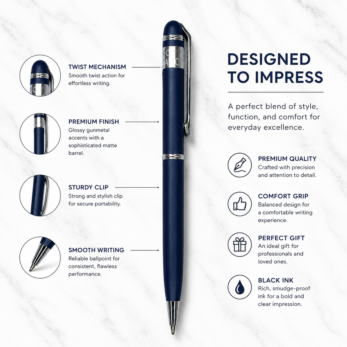Ballpen Bazaar Ballpen Bazaar Metallic Glossy Gunmetal Ball Pen with Silver Clip | Twist Mechanism | Blue Ink | Premium Metal Executive Pen | 1 Pen with 1 Free Extra Refill with Name Engraving