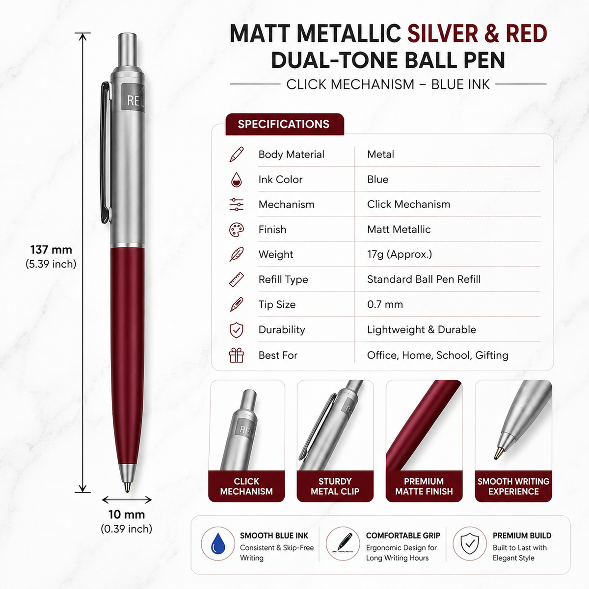 Ballpen Bazaar Ballpen Bazaar Metallic Glossy Maroon & Silver Dual Colour Ball Pen with Silver Clip | Click Mechanism | Blue Ink | Premium Metal Pen | 1 Pen with 1 Extra Refill with Name Engraving