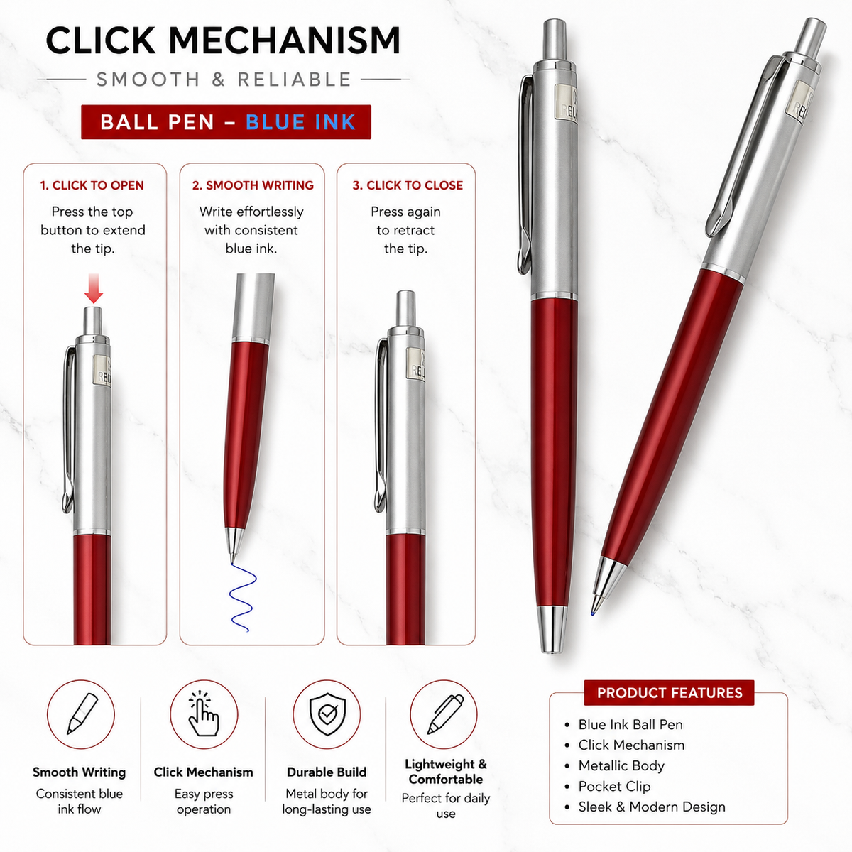 Ballpen Bazaar Ballpen Bazaar Metallic Glossy Maroon & Silver Dual Colour Ball Pen with Silver Clip | Click Mechanism | Blue Ink | Premium Metal Pen | 1 Pen with 1 Extra Refill with Name Engraving