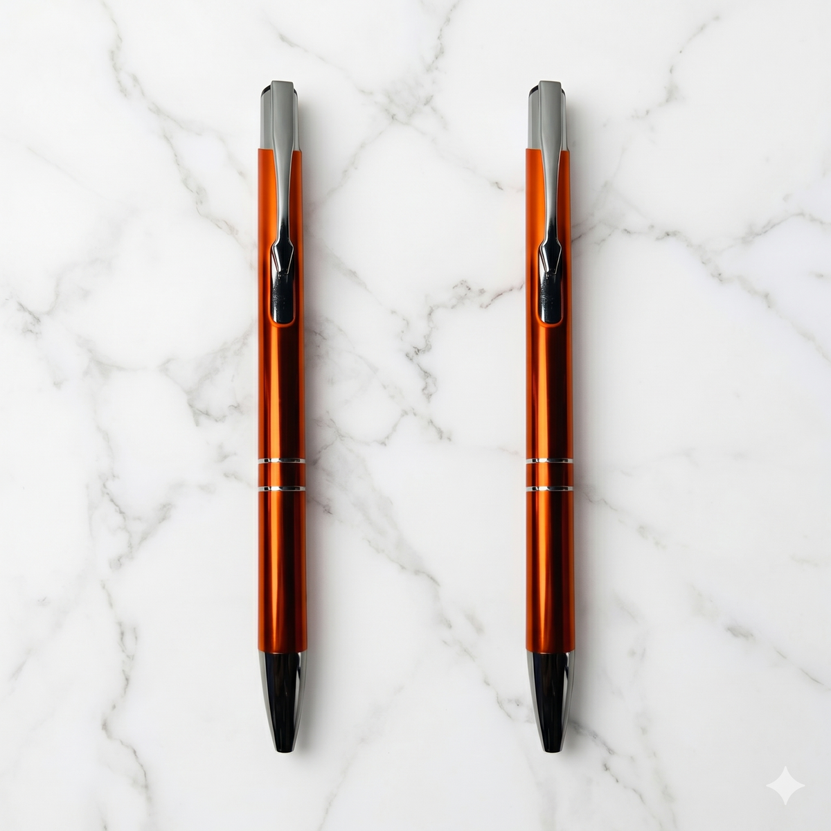 Ballpen Bazaar Ballpen Bazaar Metallic Glossy Orange Ball Pen Set of 2 with Silver Clip Click Mechanism Blue Ink | Includes 2 Extra Refills with Name Engraving