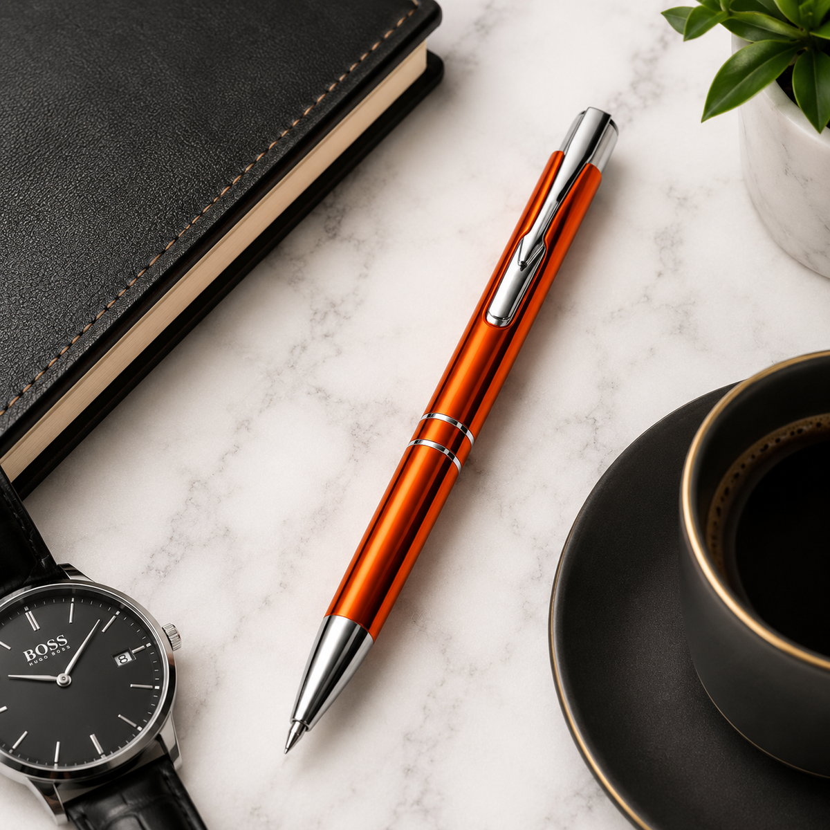 Ballpen Bazaar Ballpen Bazaar Metallic Glossy Orange Ball Pen with Silver Clip | Click Mechanism | Blue Ink | Premium Metal Pen | 1 Pen + 1 Extra Refill with Name Engraving