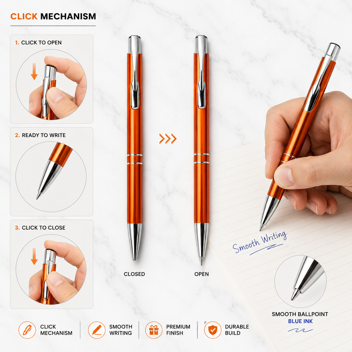Ballpen Bazaar Ballpen Bazaar Metallic Glossy Orange Ball Pen with Silver Clip | Click Mechanism | Blue Ink | Premium Metal Pen | 1 Pen + 1 Extra Refill with Name Engraving