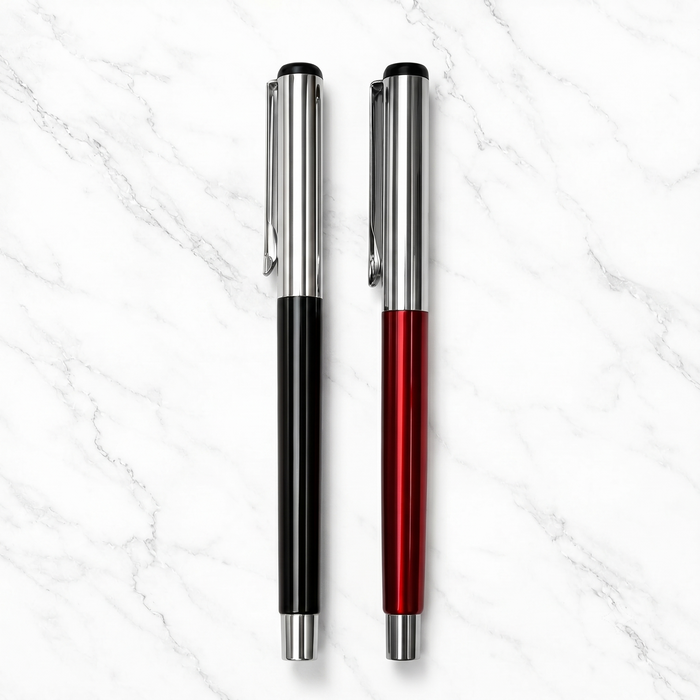 Ballpen Bazaar Ballpen Bazaar Metallic Glossy Red & Black Metal Ball Pen Set with Silver Cap | Openable Mechanism | Blue Ink | 2 Premium Pens + 2 Extra Refills with Name Engraving