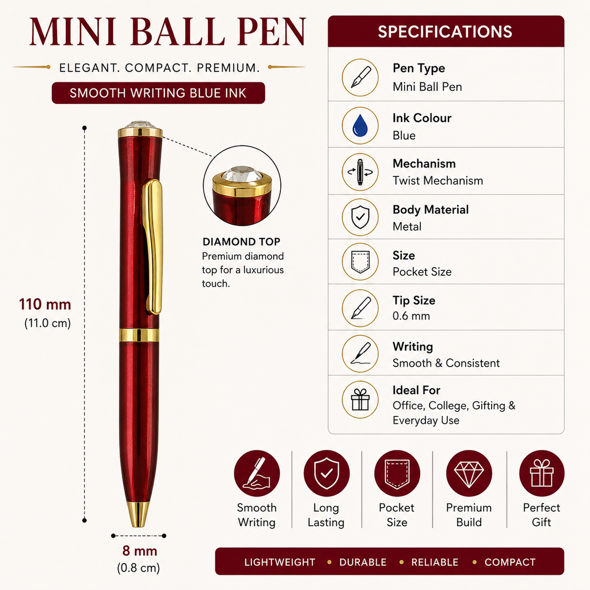 Ballpen Bazaar Ballpen Bazaar Metallic Glossy Red Mini Ball Pen with Gold Clip & Diamond Top | Twist Mechanism | Blue Ink | 1 Pen with 1 Extra Refill with Name Engraving