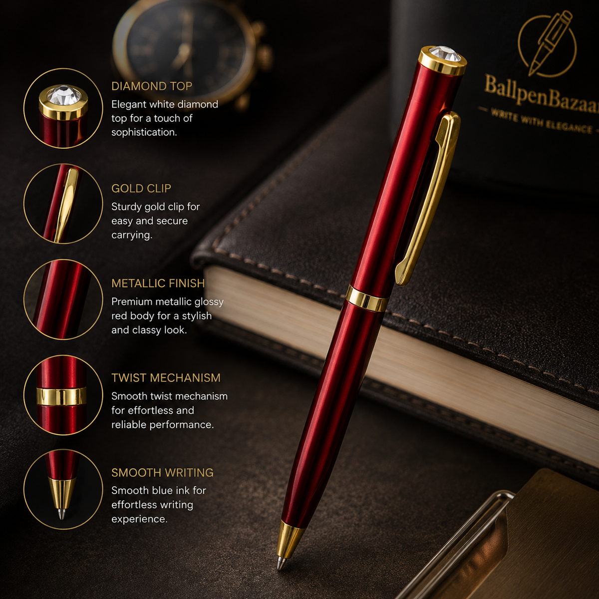 Ballpen Bazaar Ballpen Bazaar Metallic Glossy Red Mini Ball Pen with Gold Clip & Diamond Top | Twist Mechanism | Blue Ink | 1 Pen with 1 Extra Refill with Name Engraving