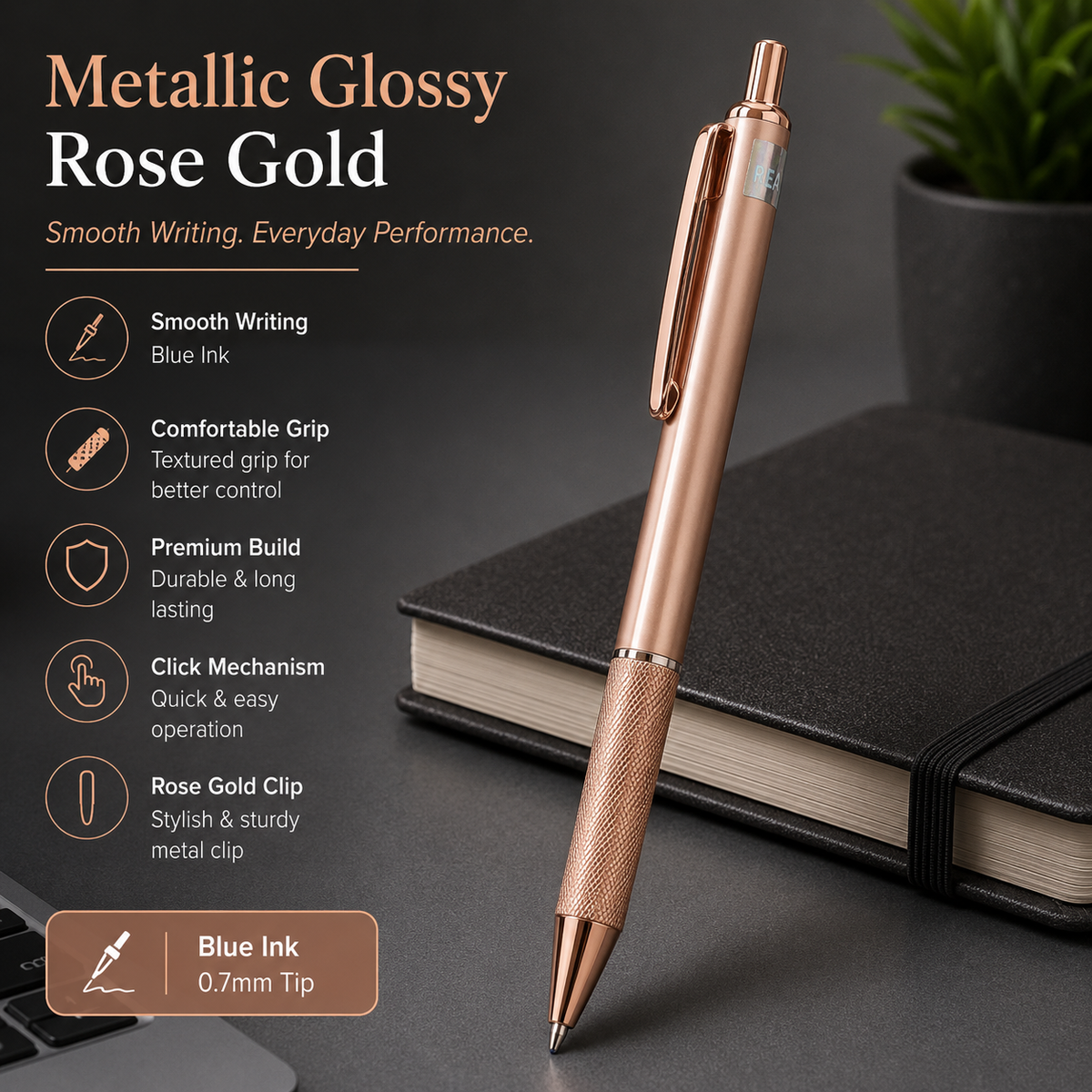 Rose gold metal click ball pen with black ink refill