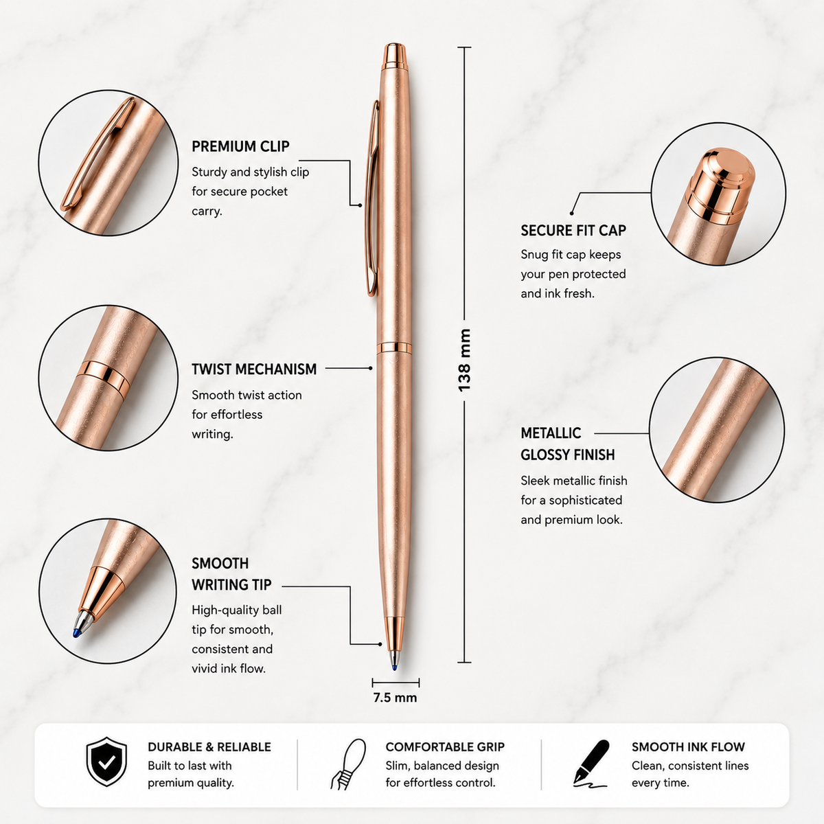 Ballpen Bazaar Ballpen Bazaar Metallic Glossy Rose Gold Ball Pen with Rose Gold Clip | Twist Mechanism | Black Ink | Premium Metal Pen | 1 Pen with 1 Extra Refill with Name Engraving