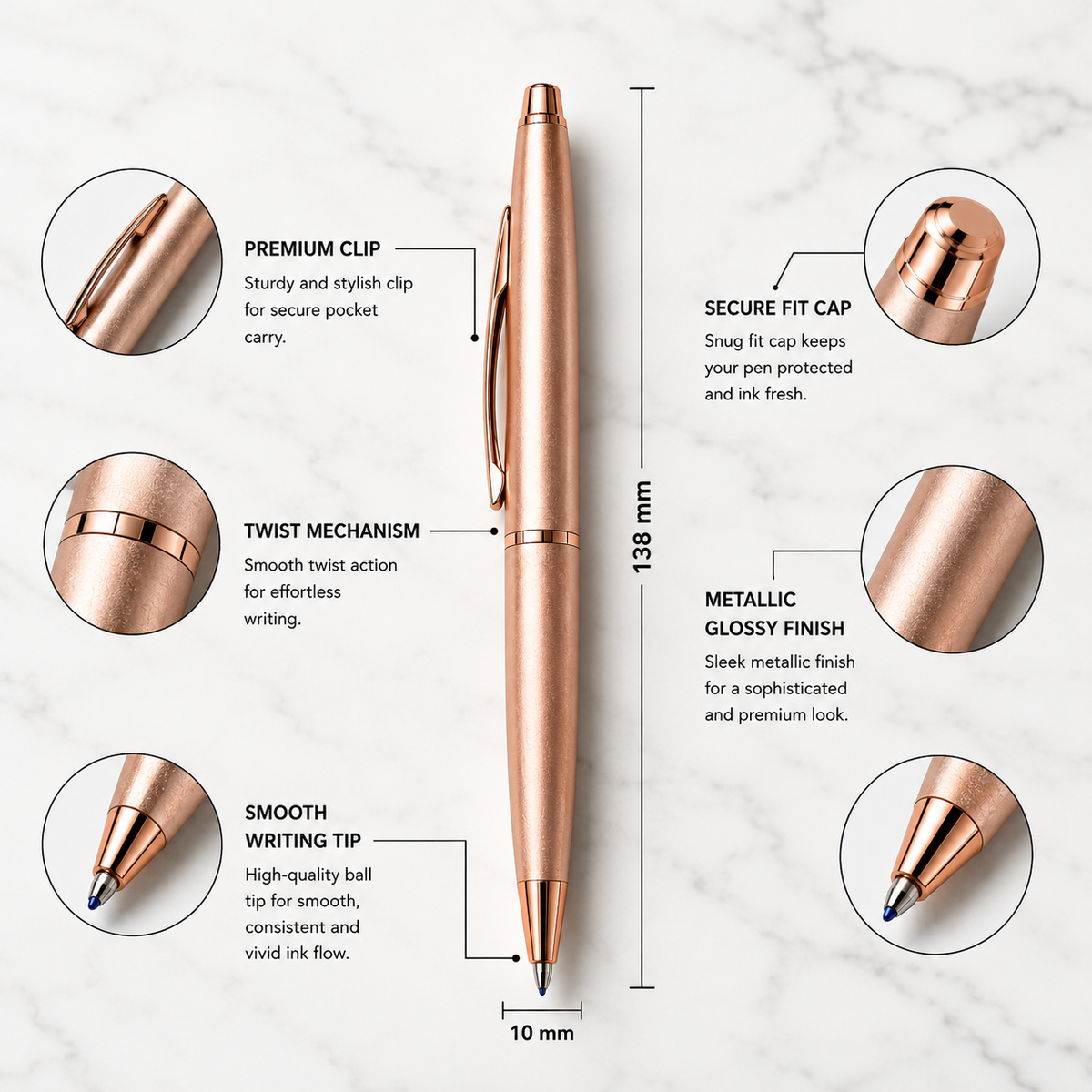 Ballpen Bazaar Ballpen Bazaar Metallic Glossy Rose Gold Ball Pen with Rose Gold Clip | Twist Mechanism | Black Ink | Premium Metal Pen | 1 Pen with 1 Extra Refill with Name Engraving