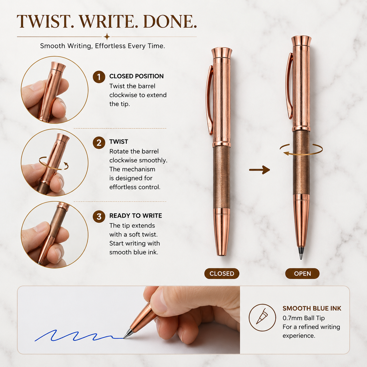 Ballpen Bazaar Ballpen Bazaar Metallic Glossy Rose Gold Mini Ball Pen with Copper Clip | Twist Mechanism | Blue Ink | 1 Pen with 1 Extra Refill with Name Engraving