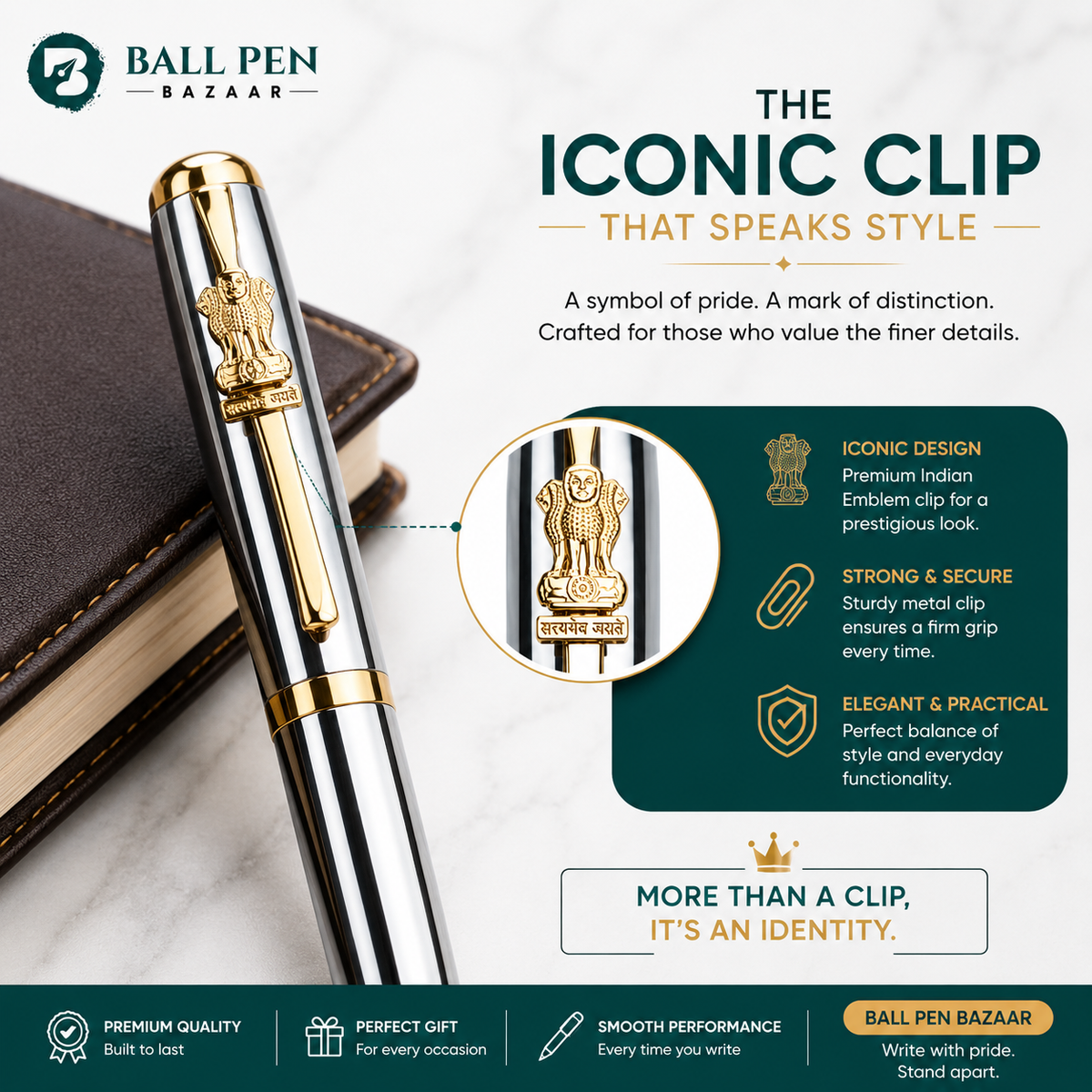 Ballpen Bazaar Ballpen Bazaar Metallic Glossy Silver Ball Pen with Silver Cap & Gold Ashoka Emblem Clip | Openable Mechanism | Black Ink | Premium Metal Pen with 1 Extra Metal Jotter Refill | Pack of 1 with Name Engraving