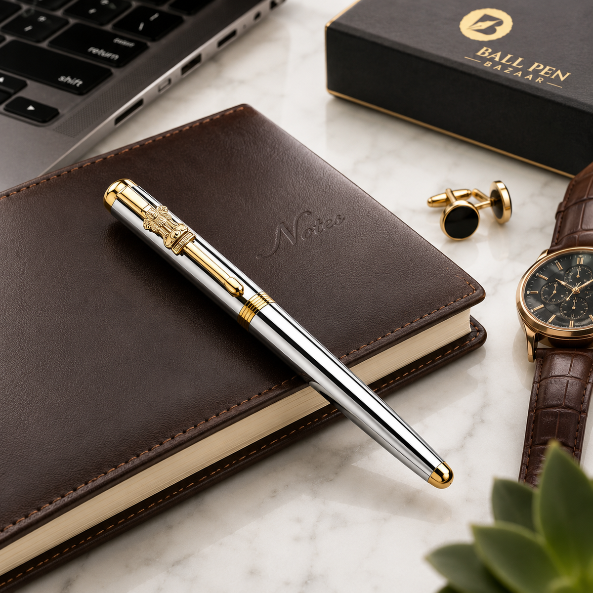 Ballpen Bazaar Ballpen Bazaar Metallic Glossy Silver Ball Pen with Silver Cap & Gold Ashoka Emblem Clip | Openable Mechanism | Black Ink | Premium Metal Pen with 1 Extra Metal Jotter Refill | Pack of 1 with Name Engraving