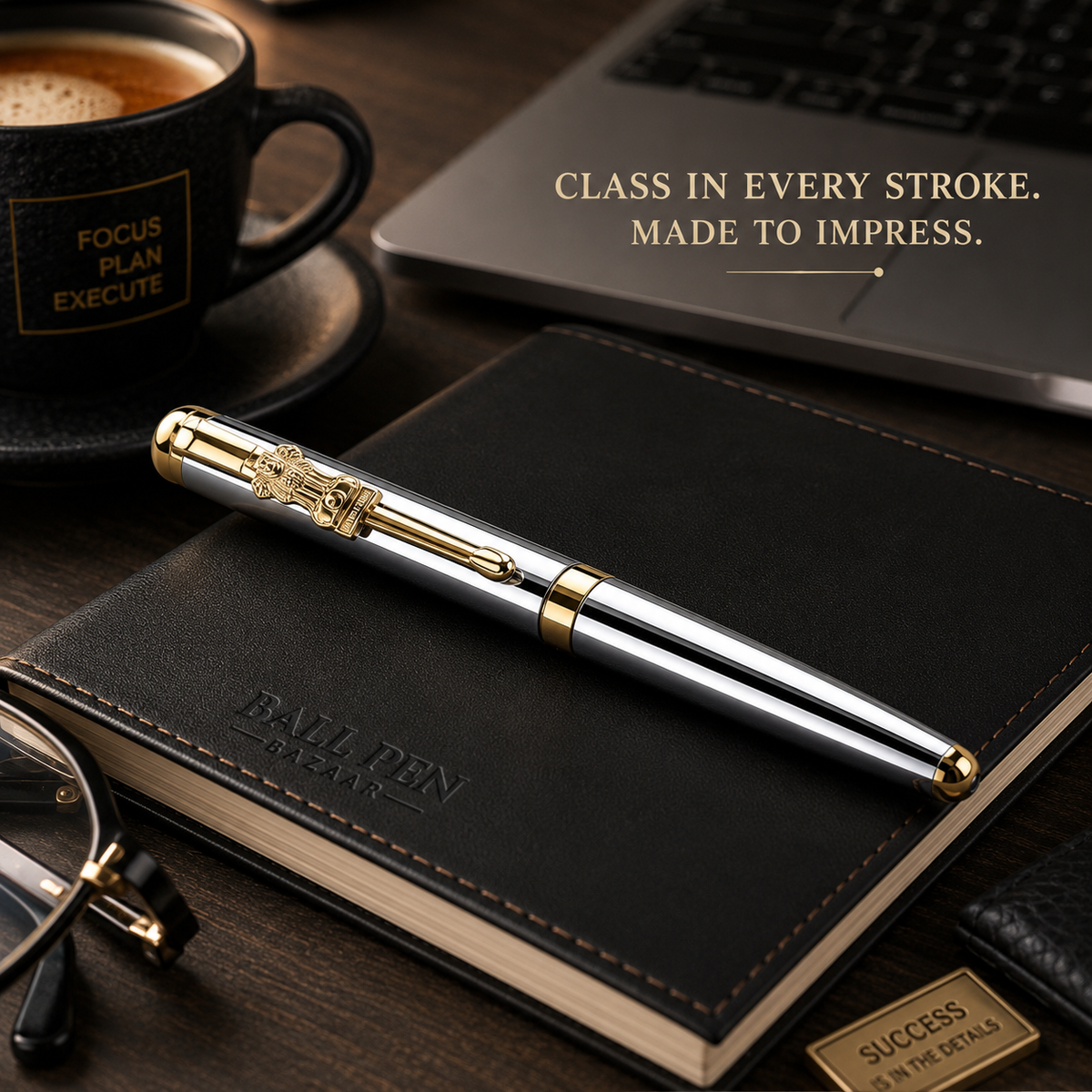 Ballpen Bazaar Ballpen Bazaar Metallic Glossy Silver Ball Pen with Silver Cap & Gold Ashoka Emblem Clip | Openable Mechanism | Black Ink | Premium Metal Pen with 1 Extra Metal Jotter Refill | Pack of 1 with Name Engraving
