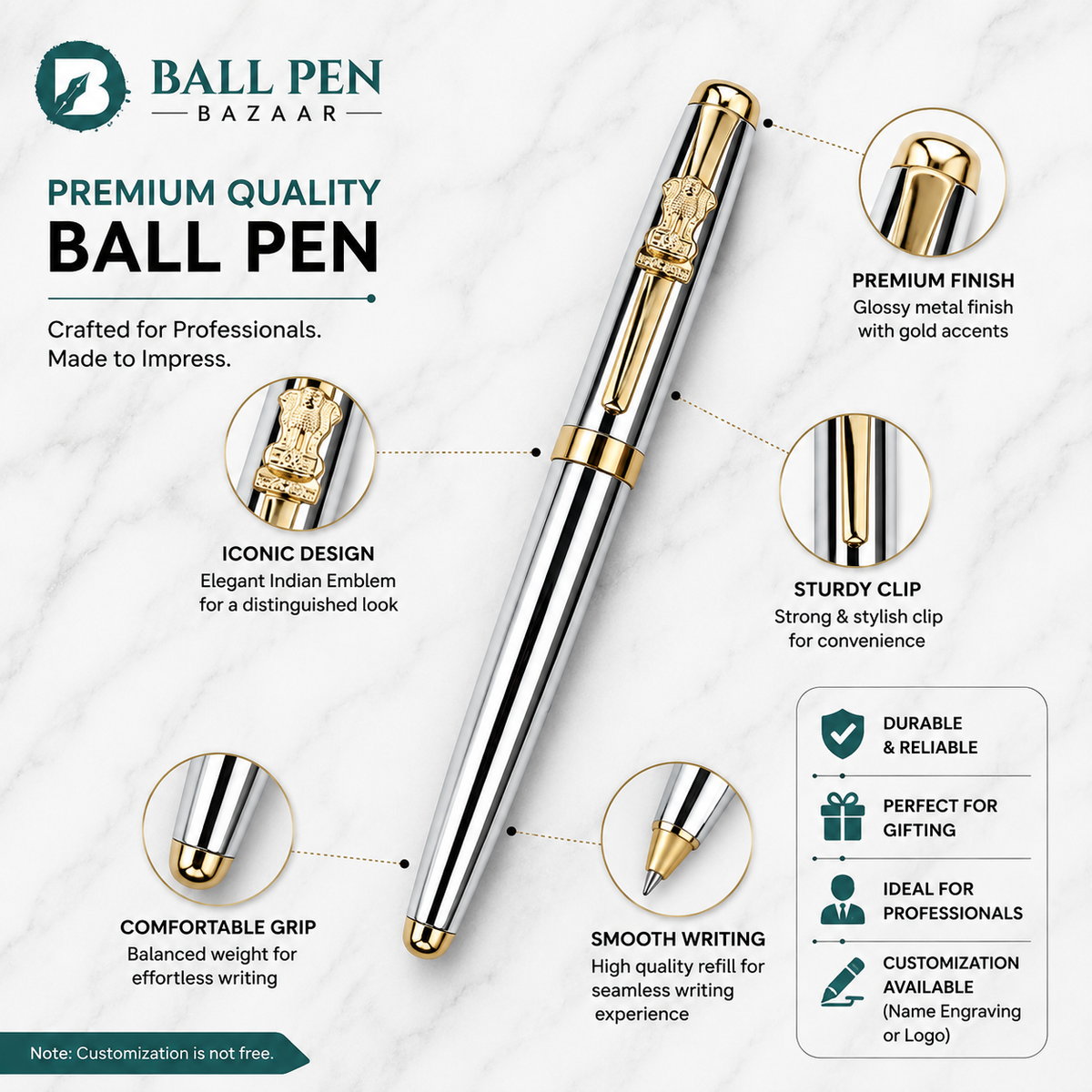 Metallic silver openable ball pen with gold Ashoka emblem clip