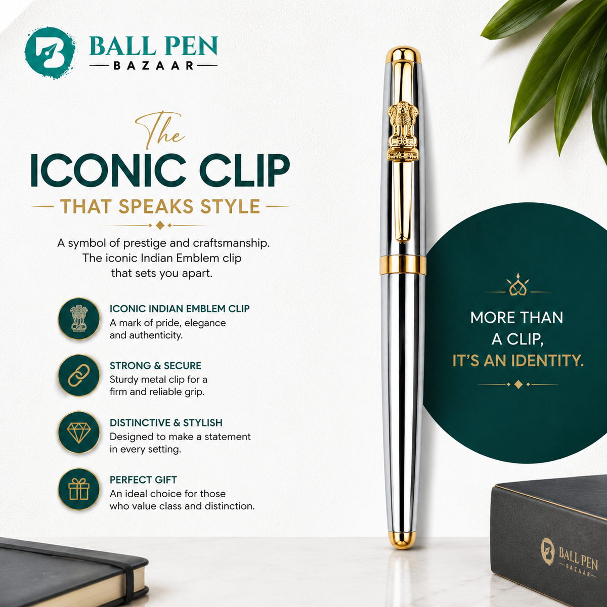 Ballpen Bazaar Ballpen Bazaar Metallic Glossy Silver Ball Pen with Silver Cap & Gold Ashoka Emblem Clip | Openable Mechanism | Blue Ink | Premium Metal Pen with 1 Free Metal Jotter Refill | Pack of 1 with Name Engraving