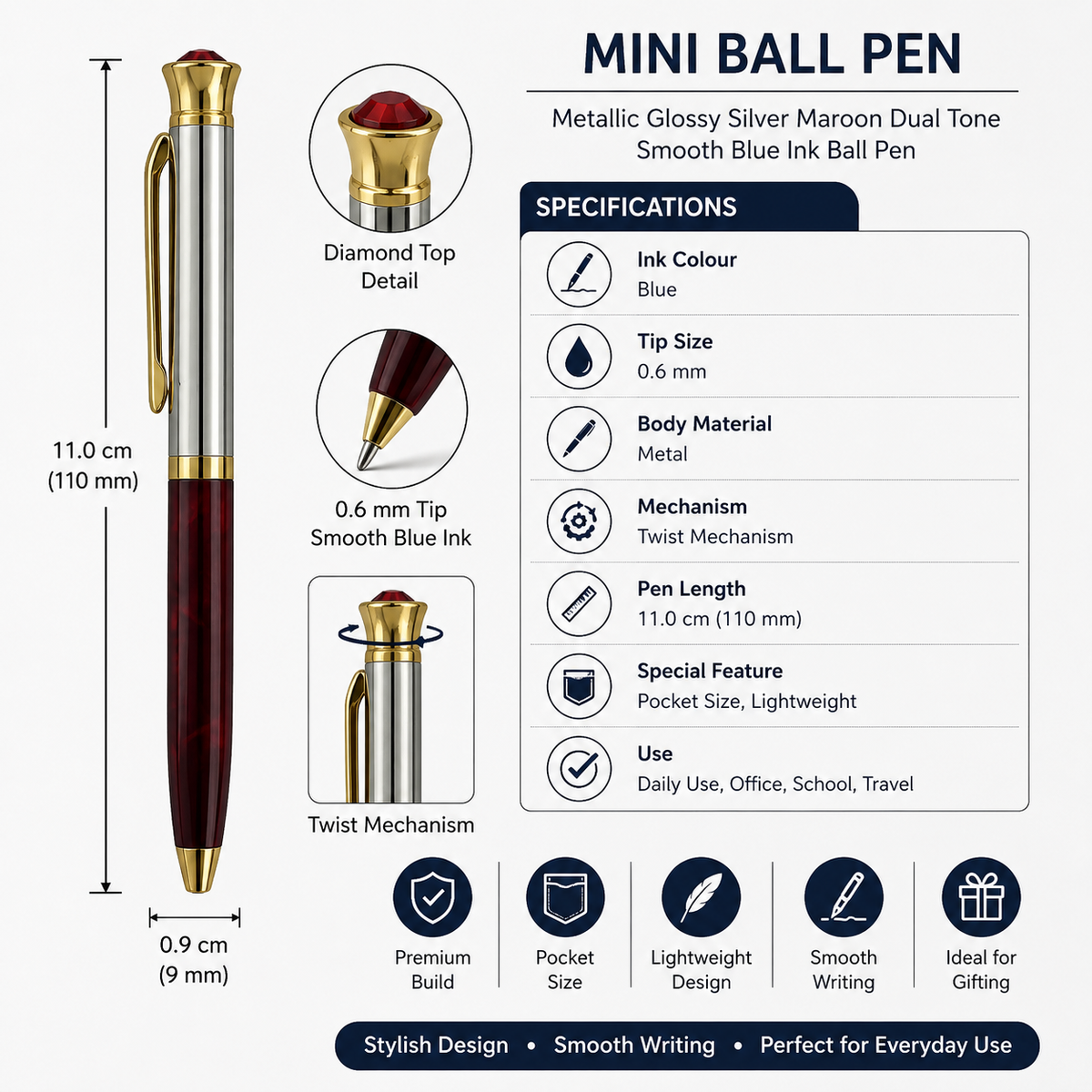 Ballpen Bazaar Ballpen Bazaar Metallic Glossy Silver & Maroon Designer Dual Colour Mini Ball Pen with Gold Clip, Diamond Top, Twist Mechanism, Blue Ink, 1 Pen with 1 Extra Refill with Name Engraving