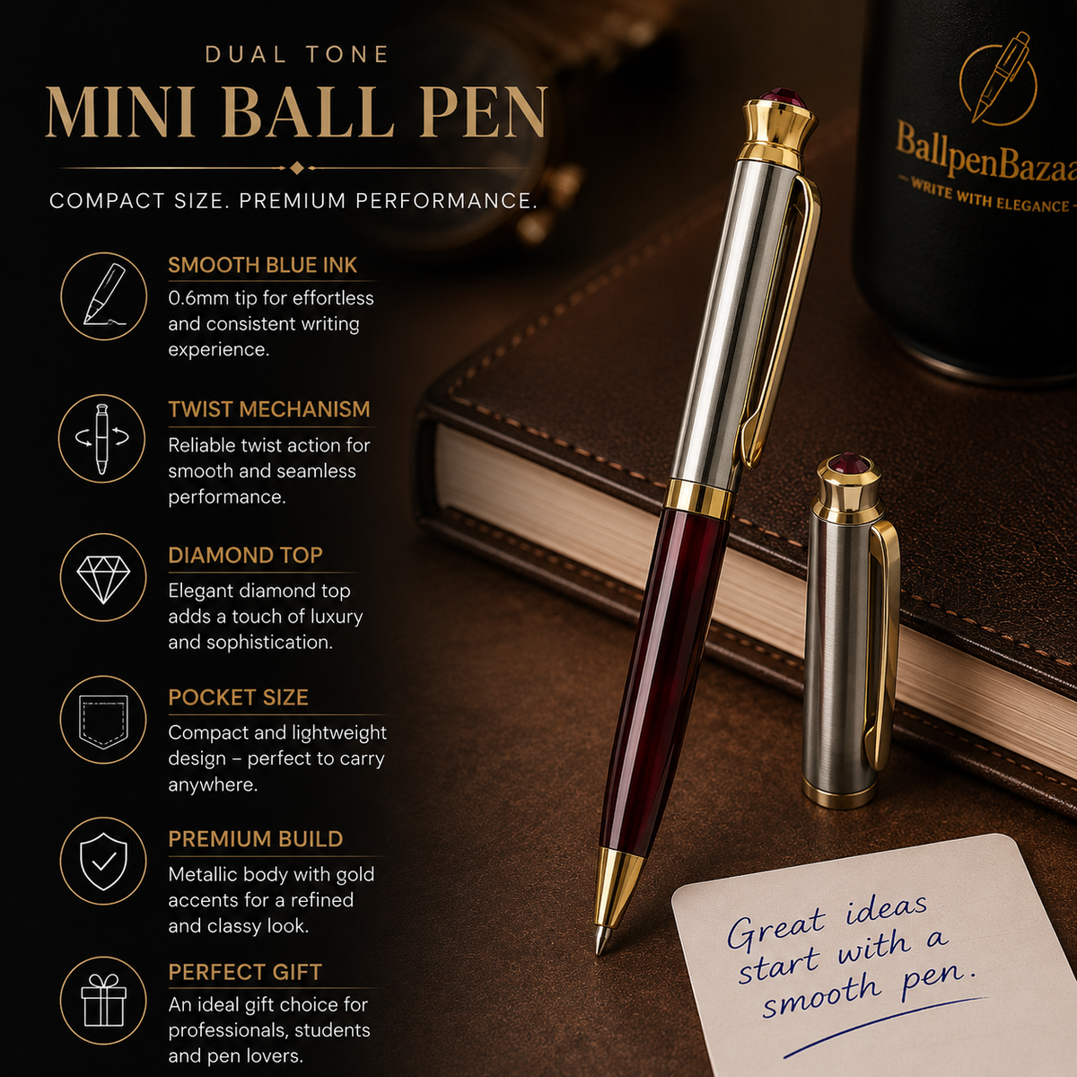 Ballpen Bazaar Ballpen Bazaar Metallic Glossy Silver & Maroon Designer Dual Colour Mini Ball Pen with Gold Clip, Diamond Top, Twist Mechanism, Blue Ink, 1 Pen with 1 Extra Refill with Name Engraving