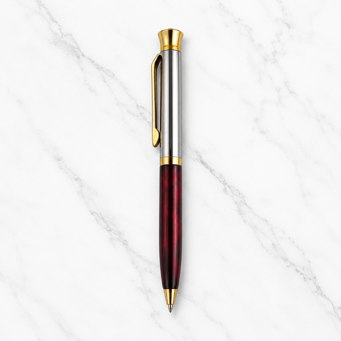 Ballpen Bazaar Ballpen Bazaar Metallic Glossy Silver & Red Designer Dual Colour Mini Ball Pen with Gold Clip & Diamond Top | Twist Mechanism | Blue Ink | 1 Pen + 1 Extra Refill with Name Engraving
