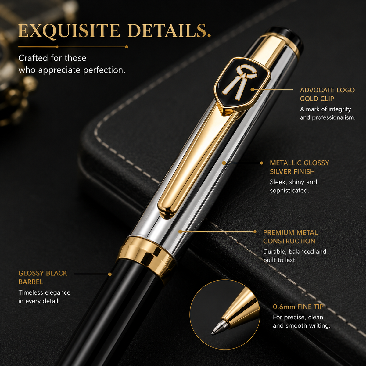 Ballpen Bazaar Ballpen Bazaar Metallic Glossy Silver & Black Dual Colour Ball Pen with Gold Advocate Logo Clip | Twist Mechanism | Black Ink | 1 Pen with 1 Extra Refill with Name Engraving