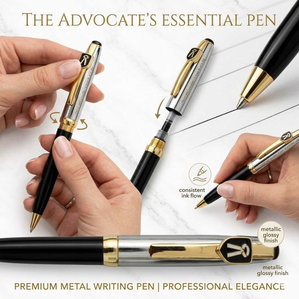 Ballpen Bazaar Ballpen Bazaar Metallic Glossy Silver & Black Dual Colour Ball Pen with Gold Advocate Logo Clip | Twist Mechanism | Black Ink | 1 Pen with 1 Extra Refill with Name Engraving