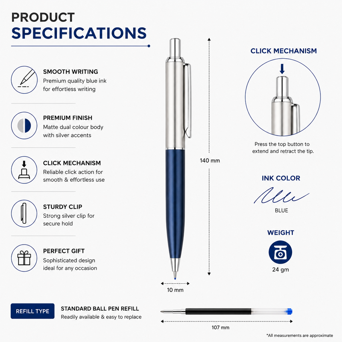 Ballpen Bazaar Ballpen Bazaar Metallic Glossy Silver and Blue Dual Colour Body Ball Pen with Silver Clip | Click Mechanism | Blue Ink | 1 Pen with 1 Extra Refill with Name Engraving