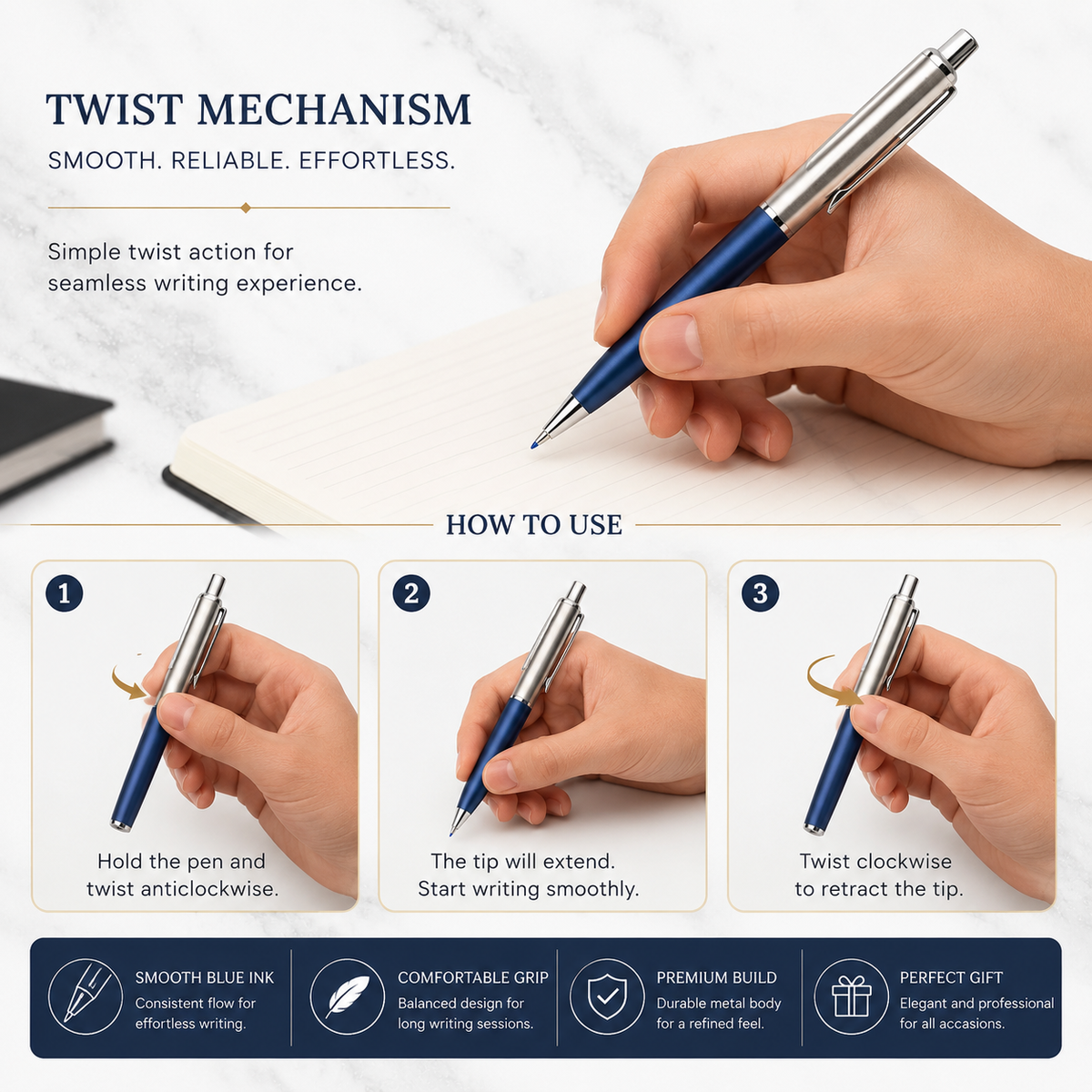 Ballpen Bazaar Ballpen Bazaar Metallic Glossy Silver and Blue Dual Colour Body Ball Pen with Silver Clip | Click Mechanism | Blue Ink | 1 Pen with 1 Extra Refill with Name Engraving