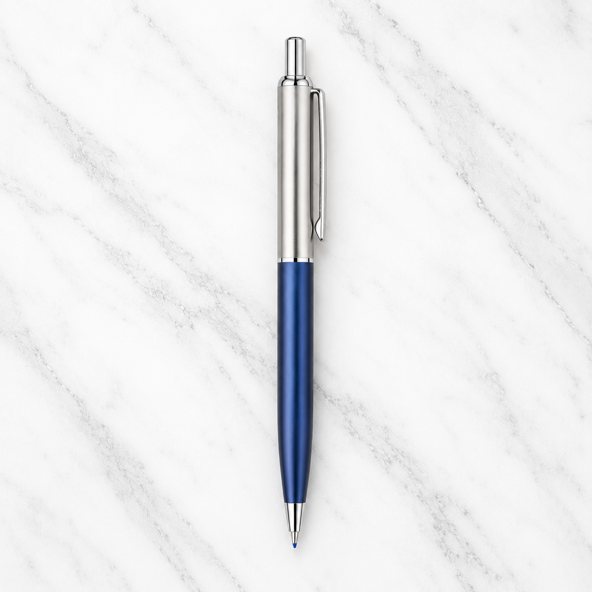 Ballpen Bazaar Ballpen Bazaar Metallic Glossy Silver and Blue Dual Colour Body Ball Pen with Silver Clip | Click Mechanism | Blue Ink | 1 Pen with 1 Extra Refill with Name Engraving