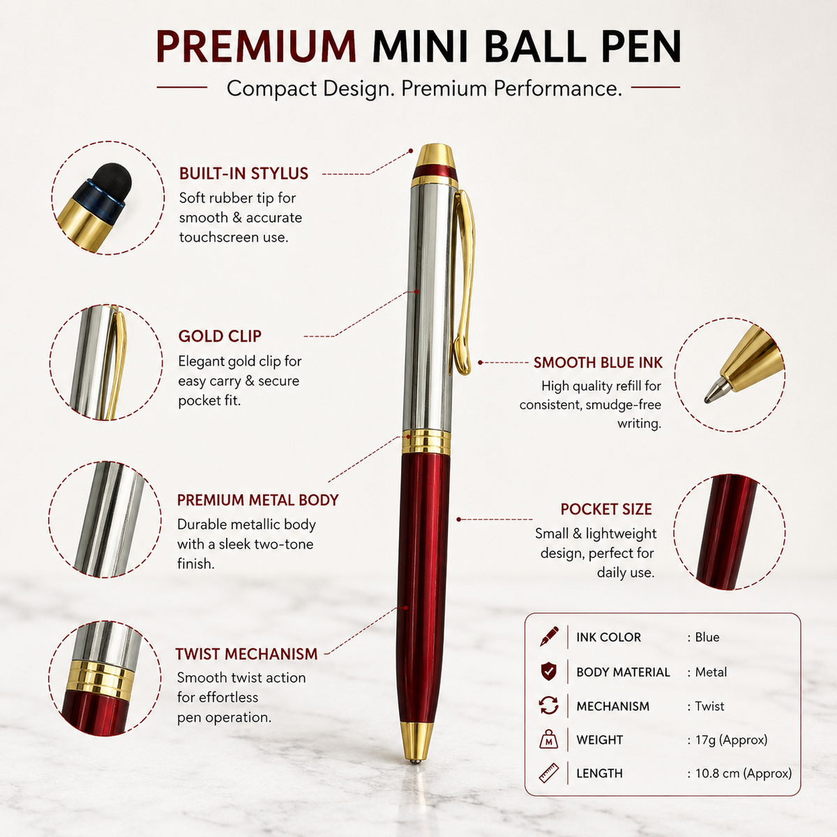 Ballpen Bazaar Ballpen Bazaar Metallic Glossy Silver and Red Designer Dual Colour Mini Ball Pen with Gold Clip | Twist Mechanism | Blue Ink | 1 Premium Metal Pen with 1 Extra Refill with Name Engraving