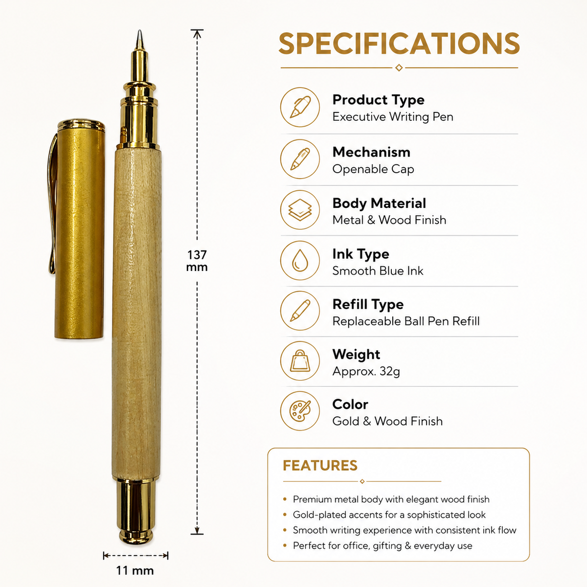 Ballpen Bazaar Ballpen Bazaar Metallic Glossy Wooden Colour Ball Pen with Gold Cap | Openable Mechanism | Blue Ink | 1 Premium Metal Pen with 1 Extra Refill with Name Engraving
