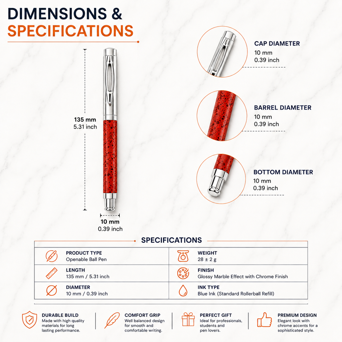 Ballpen Bazaar Ballpen Bazaar Metallic Orange Designer Ball Pen with Silver Cap | Square Body | Openable Cap | Blue Ink | 1 Pen with 1 Extra Refill with Name Engraving