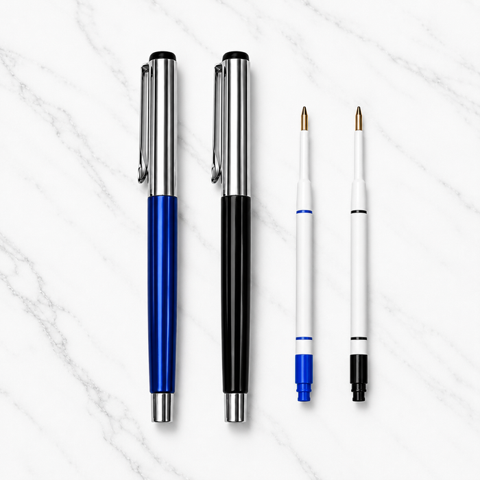 Ballpen Bazaar Ballpen Bazaar Set of 2 Metallic Glossy Ball Pens Blue & Black with Silver Cap | Openable Metal Ball Pen | Blue Ink | Includes 2 Free Plastic Jotter Refills (1 Blue & 1 Black) | Executive Gift Pen Set with Name Engraving