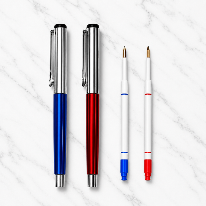 Ballpen Bazaar Ballpen Bazaar Set of 2 Metallic Glossy Ball Pens Blue & Red with Silver Cap | Openable Metal Ball Pen | Blue Ink | Includes 2 Free Plastic Jotter Refills | Executive Gift Pen Set with Name Engraving