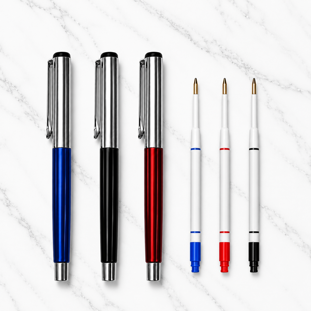 Ballpen Bazaar Ballpen Bazaar Set of 3 Metallic Glossy Ball Pens Blue Red Black with Silver Cap | Openable Metal Ball Pen | Blue Ink | Includes 3 Refills | Executive Office & Gift Pen Set with Name Engraving