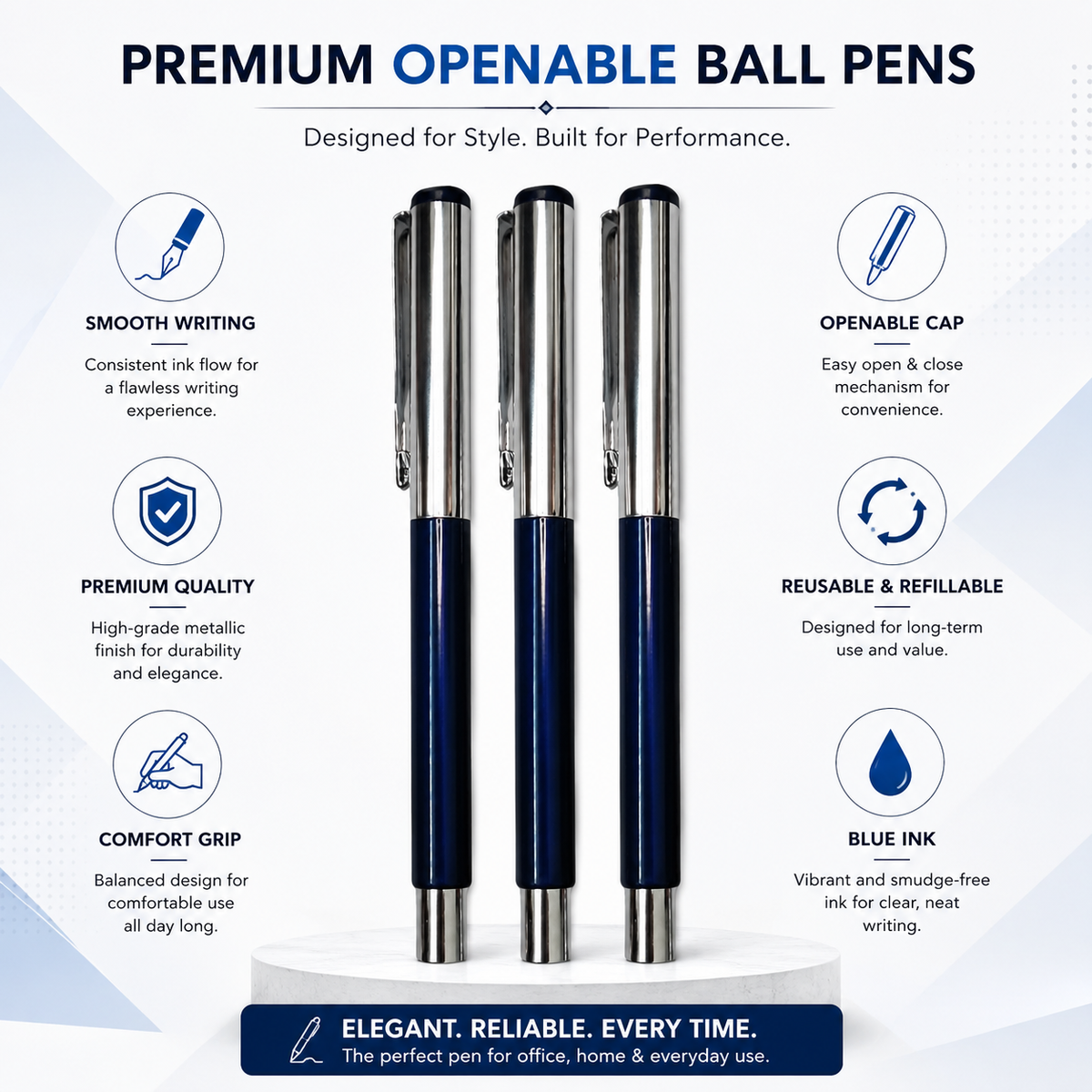 Ballpen Bazaar Ballpen Bazaar Set of 3 Metallic Glossy Ball Pens Blue Red Black with Silver Cap | Openable Metal Ball Pen | Blue Ink | Includes 3 Refills | Executive Office & Gift Pen Set with Name Engraving