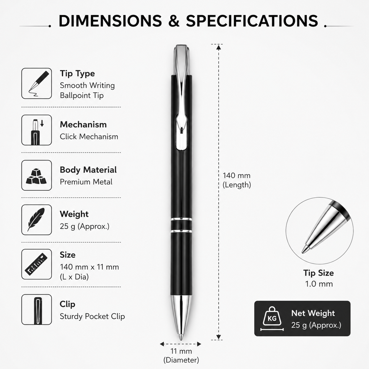 Ballpen Bazaar Ballpen Bazaar Set of 3 Metallic Glossy Black Ball Pens with Silver Clip | Click Mechanism | Blue Ink Writing Pens with Name Engraving