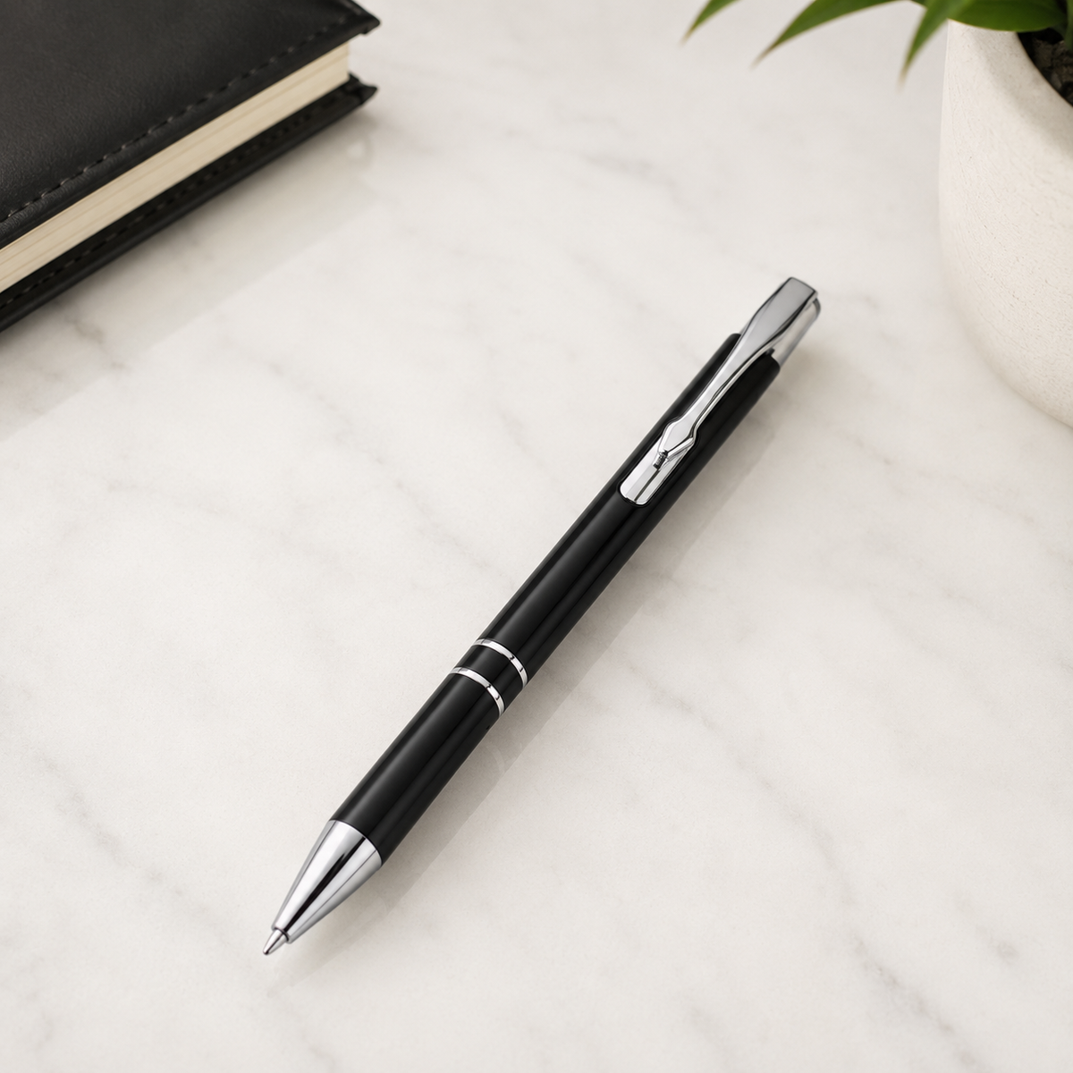 Ballpen Bazaar Ballpen Bazaar Set of 3 Metallic Glossy Black Ball Pens with Silver Clip | Click Mechanism | Blue Ink Writing Pens with Name Engraving