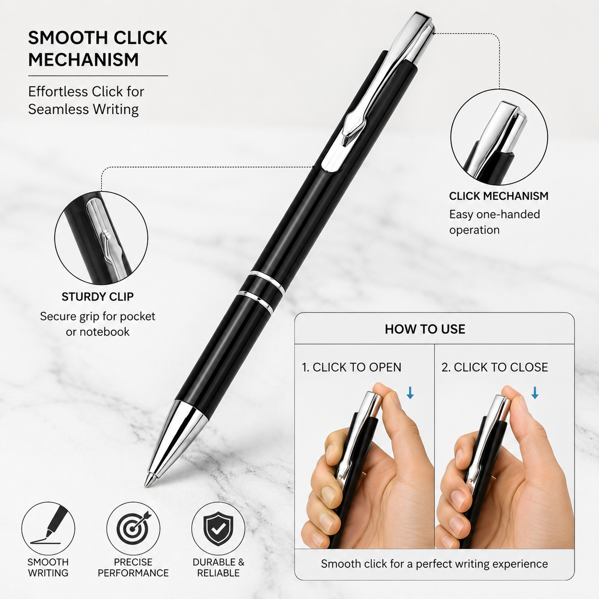 Ballpen Bazaar Ballpen Bazaar Set of 3 Metallic Glossy Black Ball Pens with Silver Clip | Click Mechanism | Blue Ink Writing Pens with Name Engraving