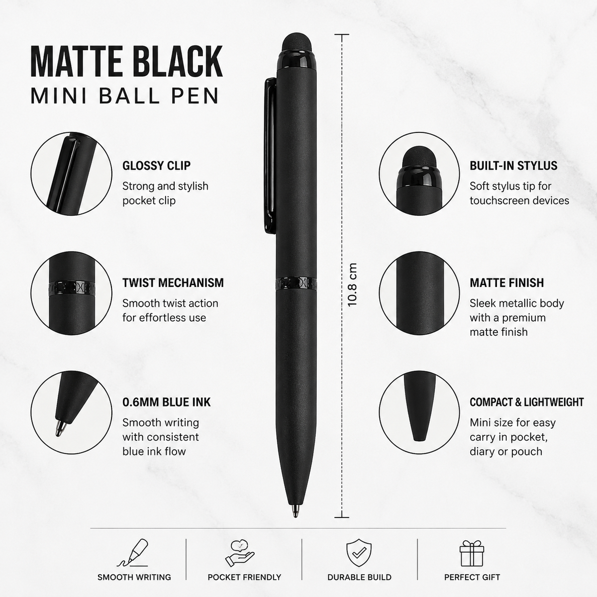 Ballpen Bazaar Ballpen Bazaar Stylus Matt Black Ball Pen with Black Clip | Twist Mechanism Mini Pen | Blue Ink | 1 Pen with 1 Extra Refill with Name Engraving