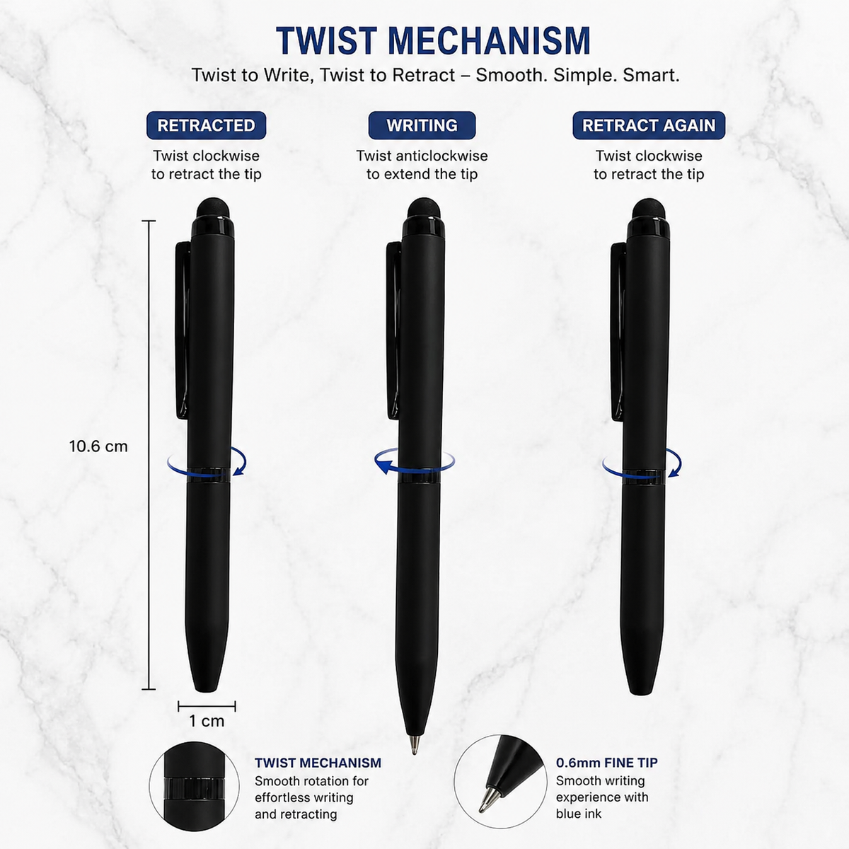 Ballpen Bazaar Ballpen Bazaar Stylus Matt Black Ball Pen with Black Clip | Twist Mechanism Mini Pen | Blue Ink | 1 Pen with 1 Extra Refill with Name Engraving