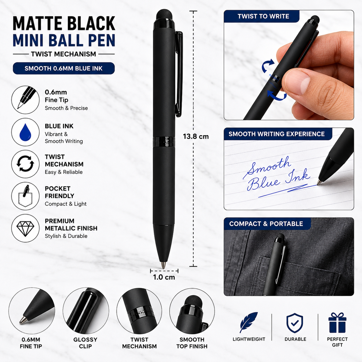 Ballpen Bazaar Ballpen Bazaar Stylus Matt Black Ball Pen with Black Clip | Twist Mechanism Mini Pen | Blue Ink | 1 Pen with 1 Extra Refill with Name Engraving