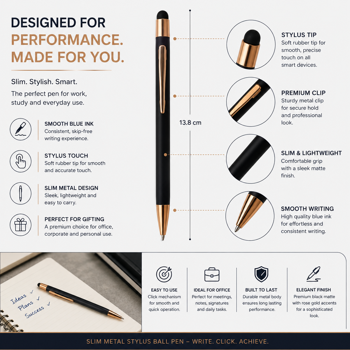 Ballpen Bazaar Ballpen Bazaar Stylus Matt Black Ball Pen with Copper Clip | Click Mechanism | Blue Ink | 1 Pen with 1 Extra Refill with Name Engraving