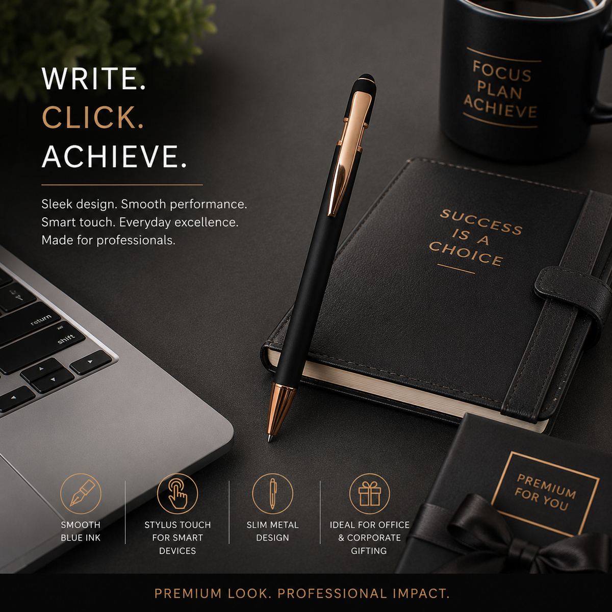 Ballpen Bazaar Ballpen Bazaar Stylus Matt Black Ball Pen with Copper Clip | Click Mechanism | Blue Ink | 1 Pen with 1 Extra Refill with Name Engraving