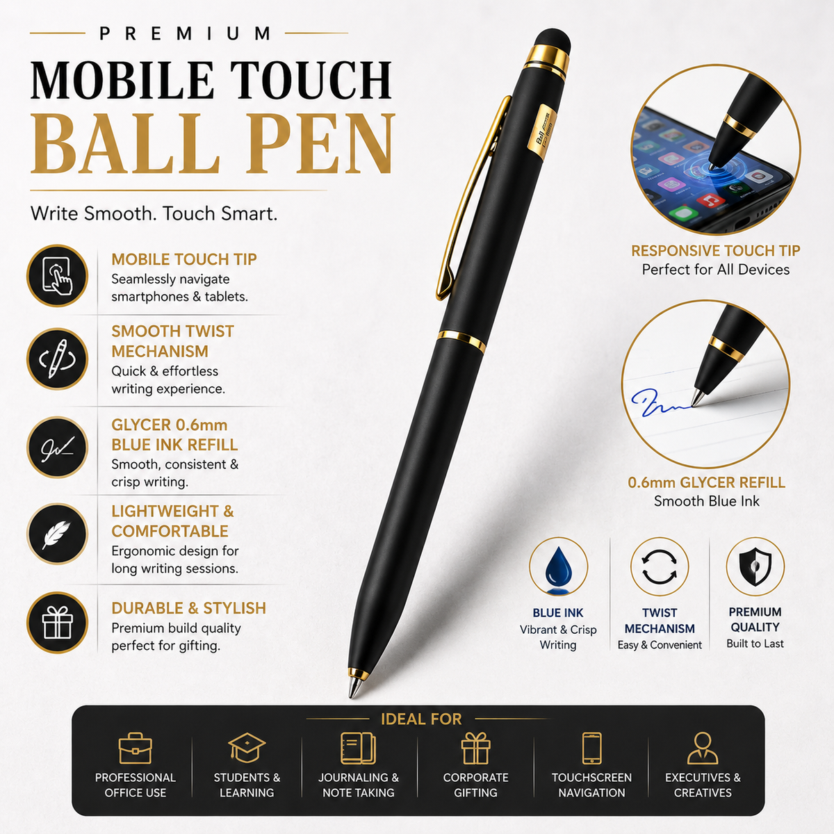 Ballpen Bazaar Ballpen Bazaar Stylus Matt Black Ball Pen with Gold Clip | Twist Mechanism | Smooth Blue Ink Writing Pen | Touchscreen Stylus Pen | 1 Pc with Name Engraving