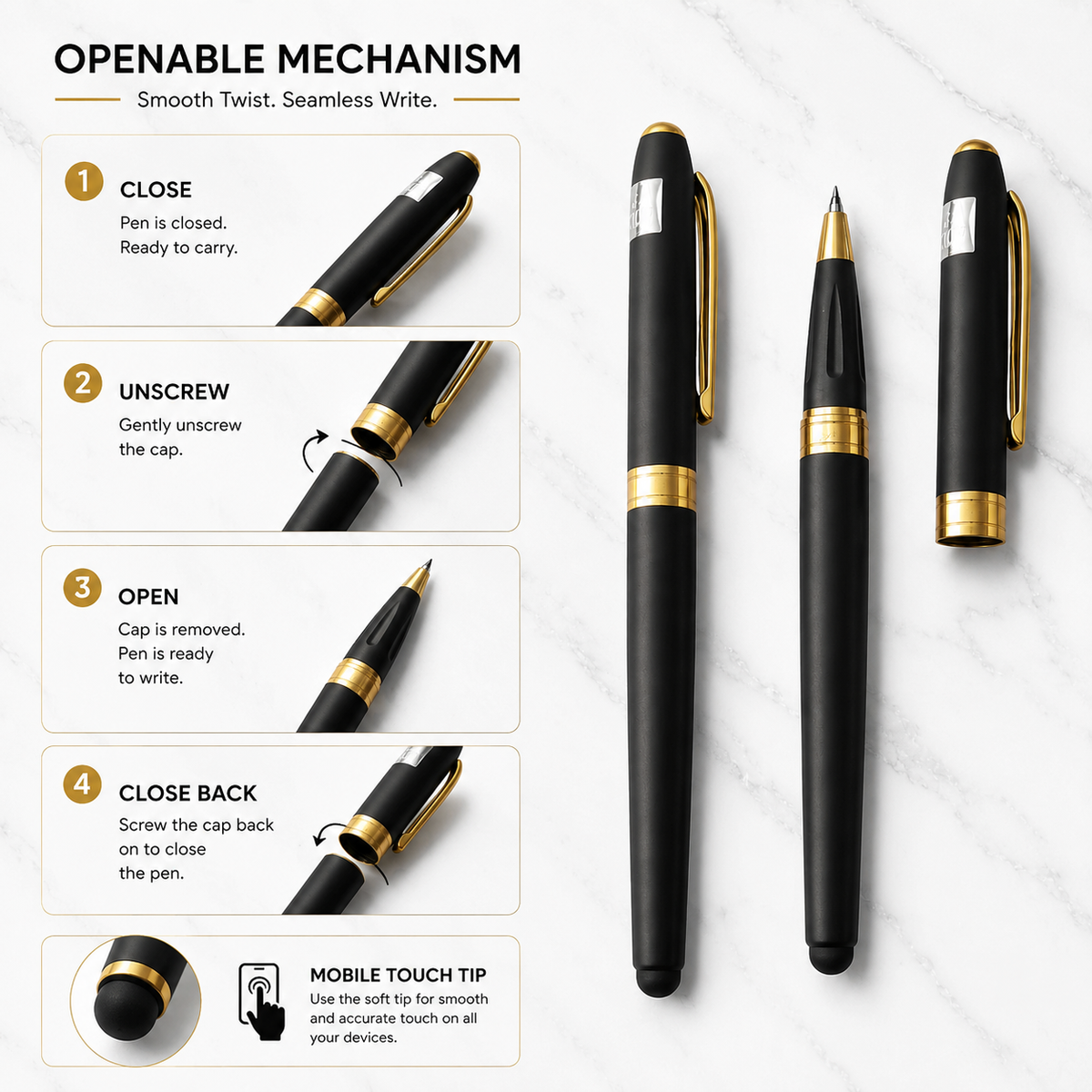 Ballpen Bazaar Ballpen Bazaar Stylus Matt Black Ball Pen with Magnetic Cap & Gold Clip | Openable Cap Mechanism | Smooth Blue Ink Writing Pen | Premium Metal Touchscreen Stylus Pen | 1 Pc with Name Engraving