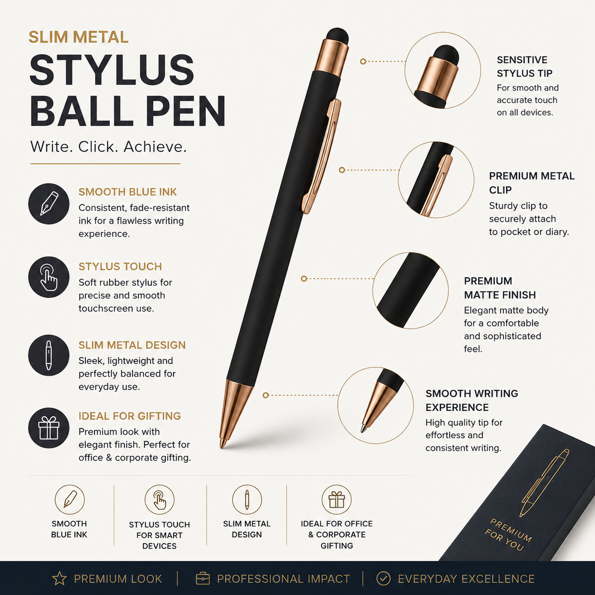 Ballpen Bazaar Ballpen Bazaar Stylus Matt Black Ball Pen with Rose Gold Clip | Click Mechanism | Smooth Blue Ink Writing Pen | Premium Metal Touchscreen Stylus Pen | 1 Piece with Name Engraving