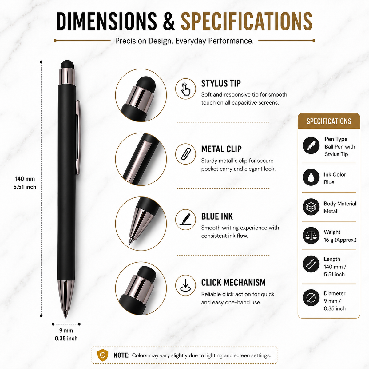 Ballpen Bazaar Ballpen Bazaar Stylus Matt Black Ball Pen with Silver Clip Click Mechanism | Blue Ink | 1 Pen with 1 Extra Refill with Name Engraving