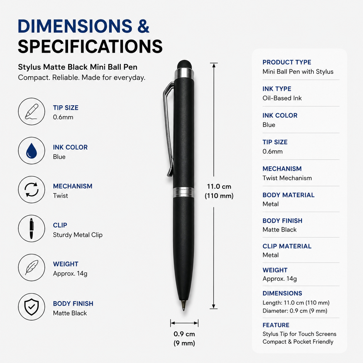 Ballpen Bazaar Ballpen Bazaar Stylus Matt Black Mini Ball Pen with Silver Clip | Twist Mechanism | Blue Ink | 1 Pen with 1 Extra Refill with Name Engraving