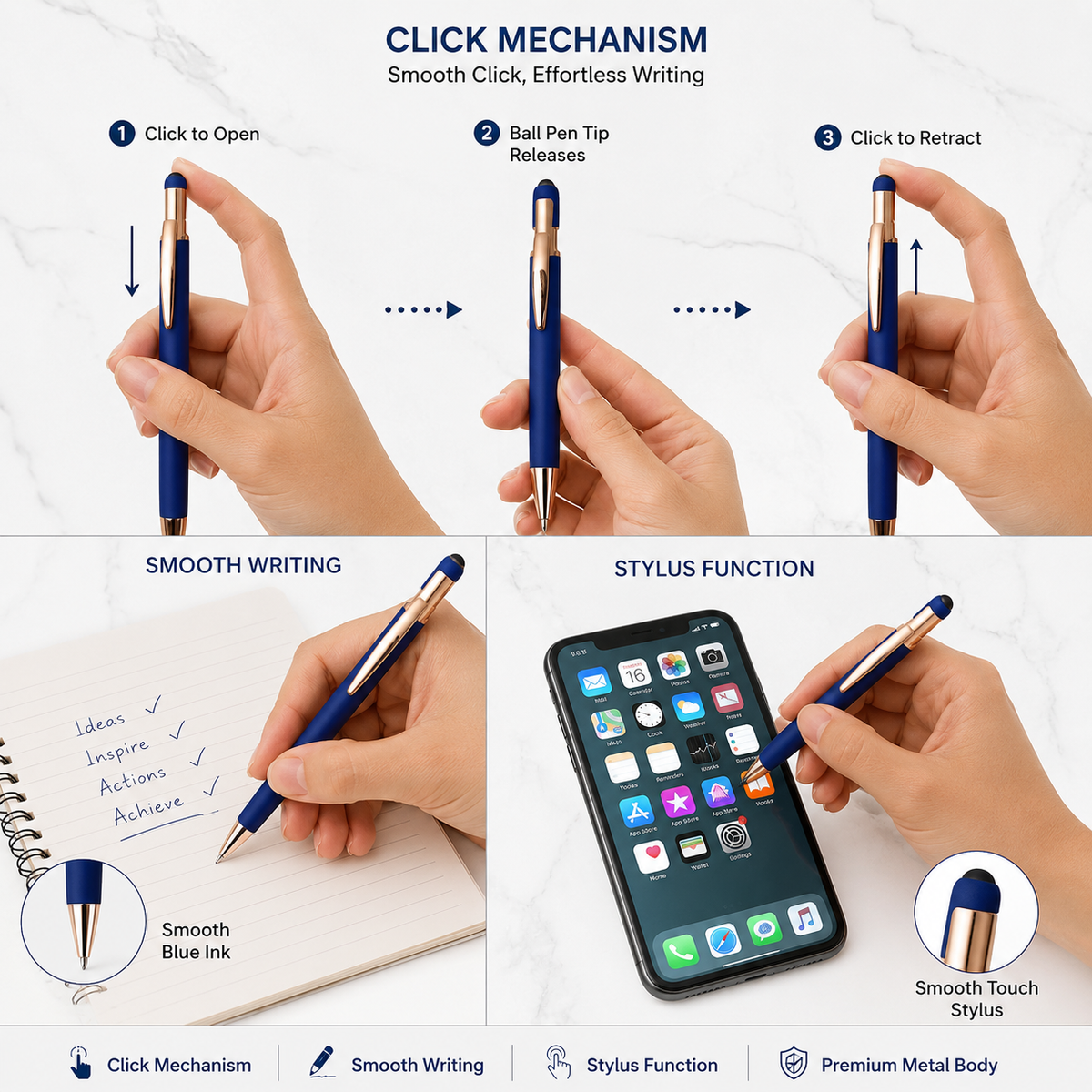 Ballpen Bazaar Ballpen Bazaar Stylus Matt Blue Ball Pen with Copper Clip Click Mechanism | Blue Ink | 1 Pen with 1 Extra Refill with Name Engraving