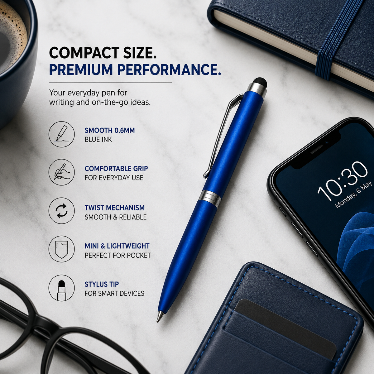 Matt Blue Mini Stylus Twist Ball Pen with Silver Clip – Blue Ink product view 2