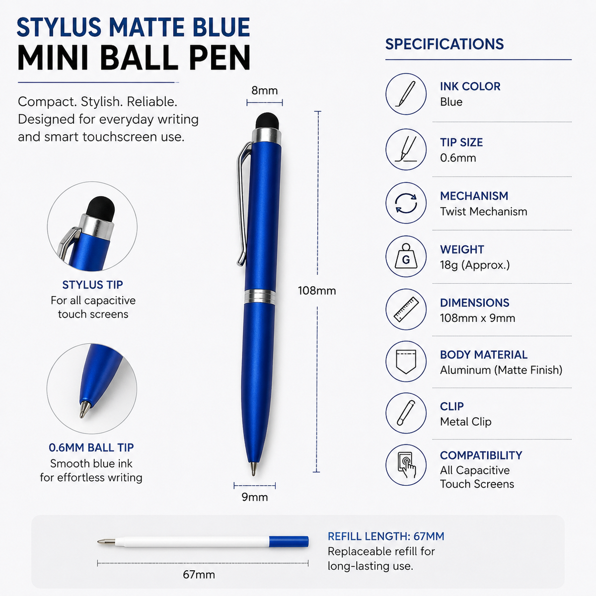Matt Blue Mini Stylus Twist Ball Pen with Silver Clip – Blue Ink product view 3